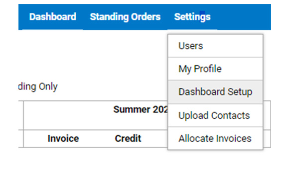 a zoomed in screenshot showing the settings for dashboard set-up on DonorChase's software